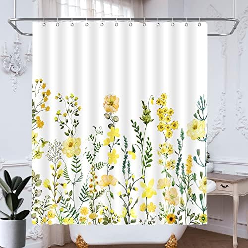 DePhoto Sárga Virágos zuhanyfüggöny Növény, Virág, Akvarell Vadvirág Gyógynövények Bohém Botanikus Szövet Fürdőszoba