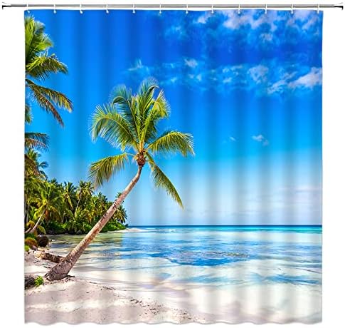 KDYDK Ocean Beach Témájú Zuhanyzó Függöny Kék Ég Trópusi pálmafák, Tenger Hullámai Tengerparti Szigeten Napsütés, a