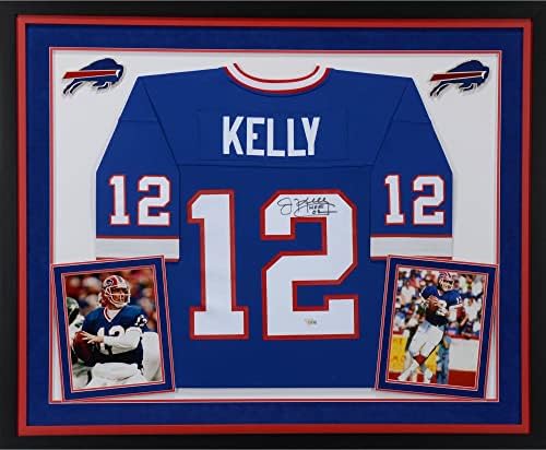 Jim Kelly Buffalo Bills Deluxe Keretes Dedikált Mitchell & Ness-i Replika Kék trikót, HOF 02 Felirat, - Dedikált NFL