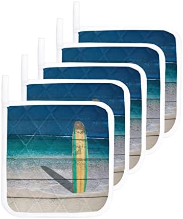 5 Csomag kaspókat, a Konyha Ocean Beach Szörfdeszka Retro Fa, Gabona Hő Bizonyíték, Edényfogó Meleg Párna Trivet,Kék