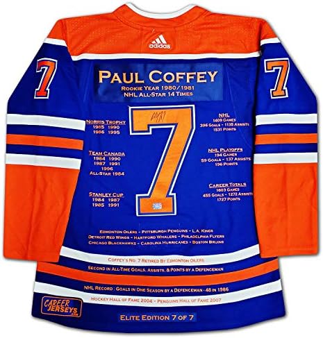 Paul Coffey Karrier Jersey Kék Elite Edition 7 7 - Aláírt Edmonton Oilers
