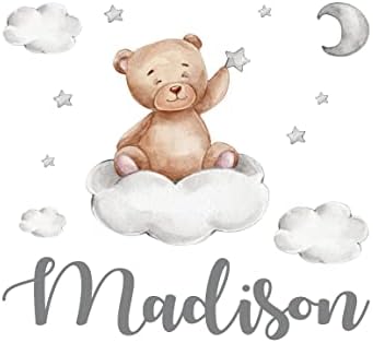 Egyéni Név Mackó Felhők, s a Hold a Start Fali Matrica - Akvarell Teddy Bear Fal Matrica - Aranyos Teddy Mackó a Felhőket