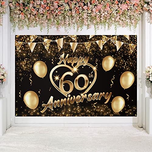 Boldog 60., Háttérben Zászló Dekoráció Fekete-Arany Csillogó Szerelmes Szív Boldog 60 Éves házassági Évforduló Fél a