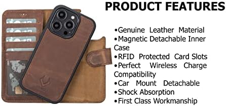 VENOULT Vintage Barna iPhone 14 Pro MAX 6.7 Pénztárca Ügy Valódi Bőr, Mágneses Levehető Luxus Flip tok, RFID Védett,