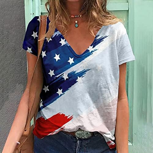 Blúz Lány Rövid Ujjú, V-Nyak Amerikai Zászló Grafikai Társalgó Laza Fit Nagyméretű Blúz Tshirt Női QR