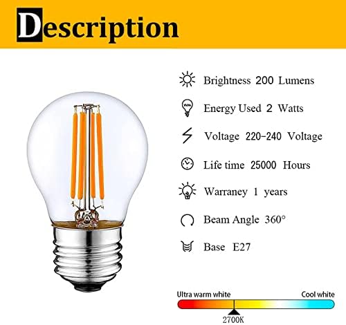 KUNOQXHA G45 Szabályozható LED Edison Lámpa, 2W LED Izzószálas Villanykörte 20W Egyenértékű 2700K Meleg Fehér E27 Bázis