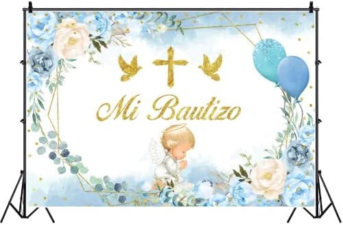 Mi Bautizo Jel Hátteret Fiú Angyal Kék Fehér Virág, Lufi, Arany Áldja Első szentáldozás Keresztelő Szertartás Baba Keresztség
